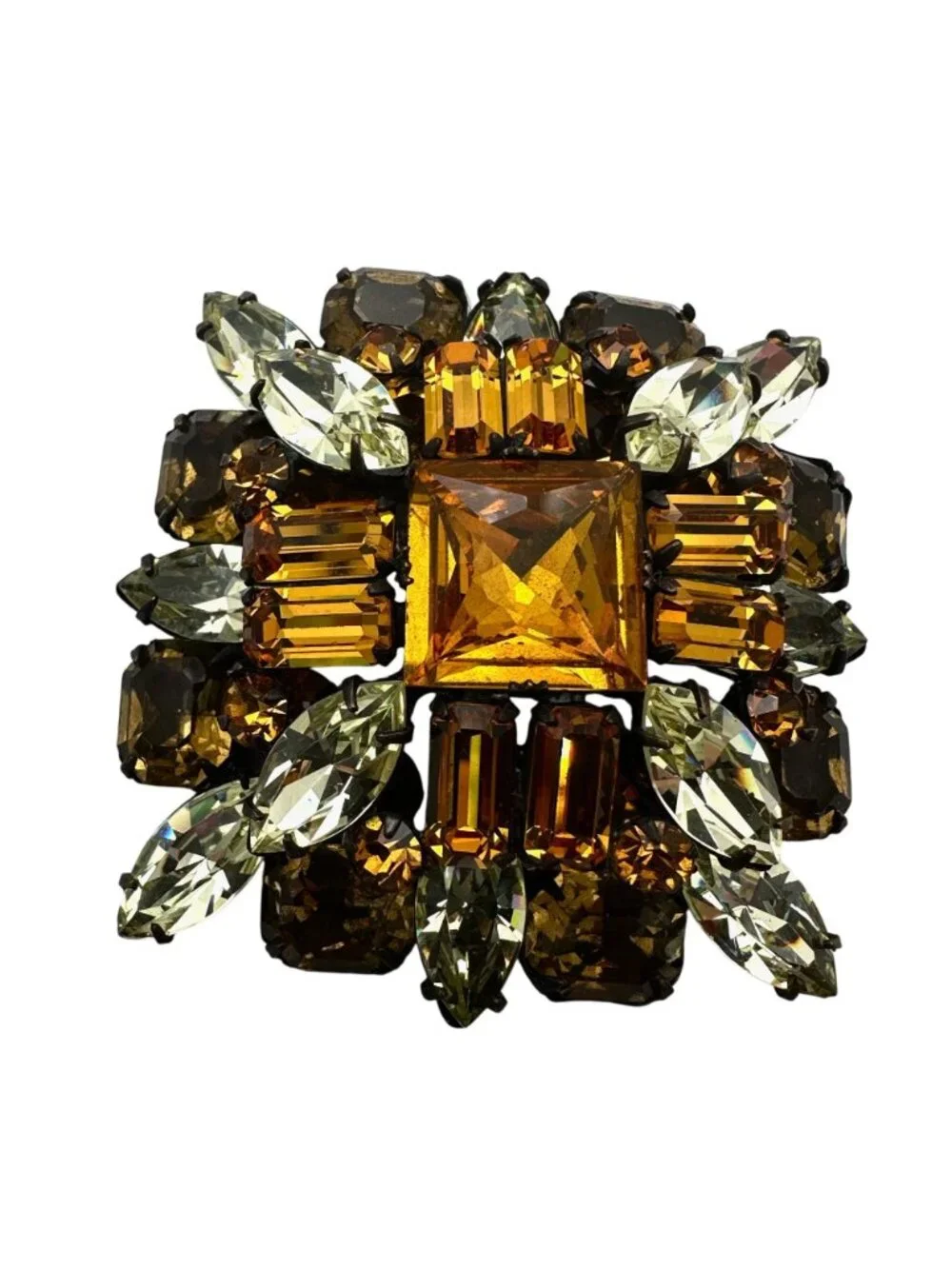 Vintage Unsigned Schreiner New York Brooch Pin Yellow Amber Glass Rhinestone